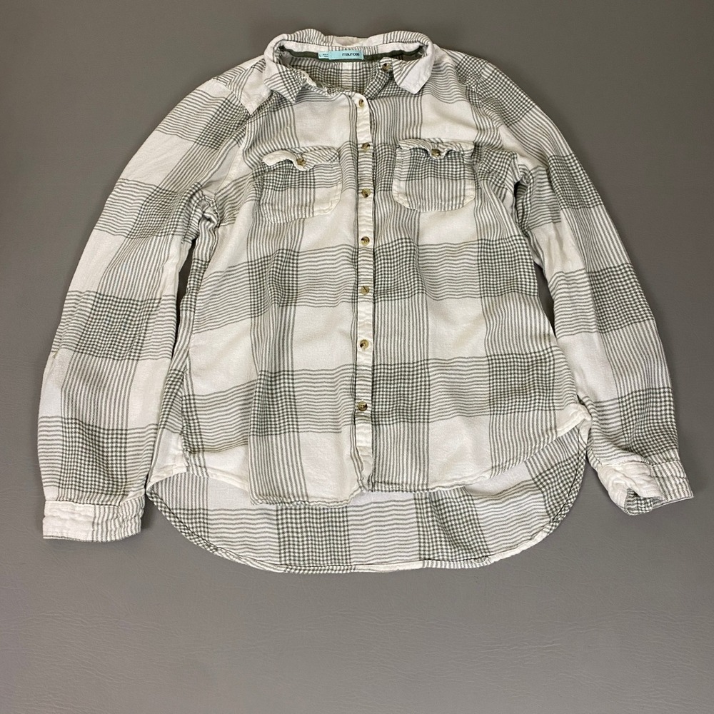 Maurices Flanenl Shirt Women's Large Olive Green White Plaid Button Front Rayon